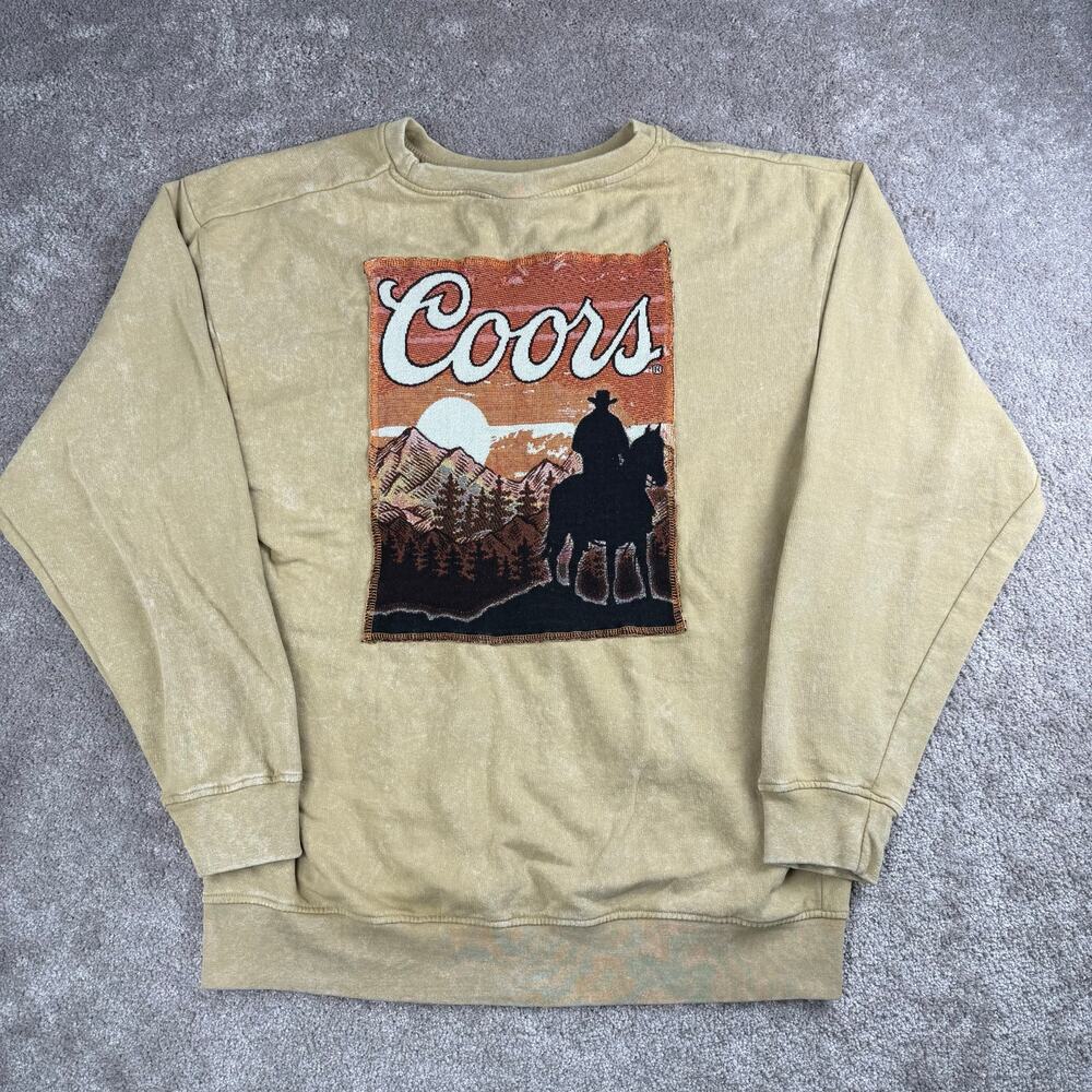 Coors Banquet Cowboy Tapestry Crewneck Sweatshirt Tan Gold Size L Buckle